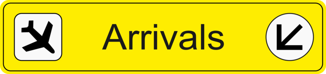 Yellow and black vector graphic of airport information terminal sign showing the direction of arrivals