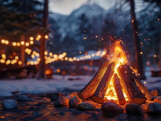 Lighting a bonfire with glowing AR fire safety tools, cozy outdoor winter night, soft ambient lighting, photorealistic