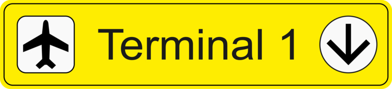 Yellow and black vector graphic of airport information terminal sign showing the direction of terminal 1