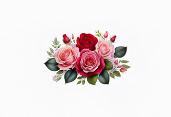 A bouquet of pink and red roses with green leaves.