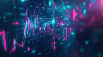 Abstract digital data visualization with blue and pink lines and graphs on a black background.