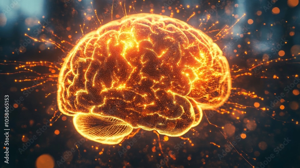 Aufkleber a digitally rendered brain, composed of bright orange and yellow particles, emits light and streams 
