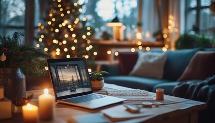 Making holiday photo albums with glowing AR interactive design guides, cozy indoor workspace, soft warm lighting, photorealistic