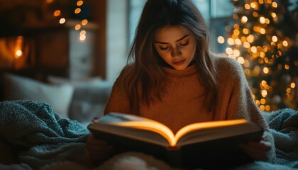 Making holiday photo albums with glowing AR interactive design guides, cozy indoor workspace, soft warm lighting, photorealistic