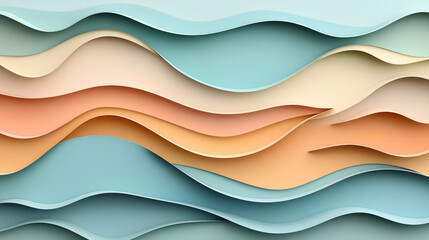 Obraz premium Abstract layered geometric pattern with overlapping curves in pastel colors including teal, orange, cream, and beige, creating a wave-like visual effect.