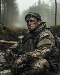 Obraz premium Soldier sitting in a muddy forest environment wearing a camouflage uniform and beret with a determined expression on his face