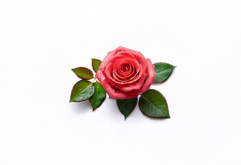 Fototapeta premium A single pink rose with green leaves sits on a plain white background.