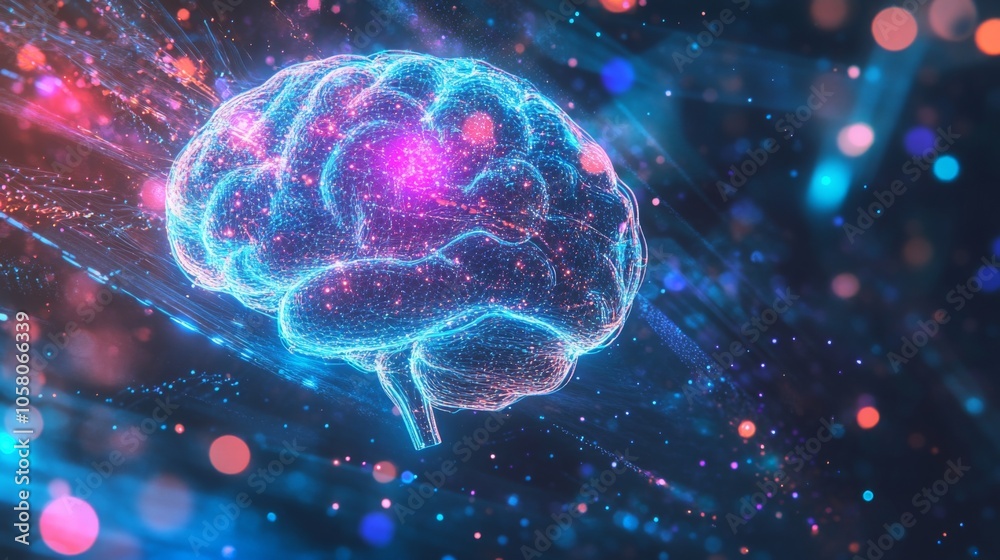 Leinwandbilder a digital rendering of a brain, composed of glowing lines and particles, is featured against a dark 