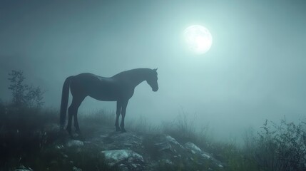 A lone horse stands on a hilltop silhouetted against the full moon in a foggy night.