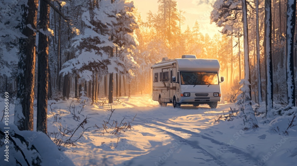Poster a recreational vehicle is parked on a snowy trail amidst tall trees as the golden sunlight filters t