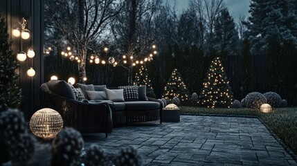 Cozy outdoor patio adorned with Christmas lights and festive decor invites winter gatherings in a serene evening setting