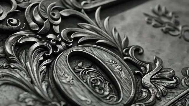 A close-up of a decorative, ornate letter O, carved into metal with a woodgrain texture