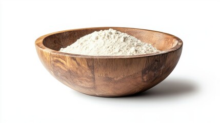 Rustic wooden bowl filled with white flour, adding a natural touch to cooking visuals, isolated on white background