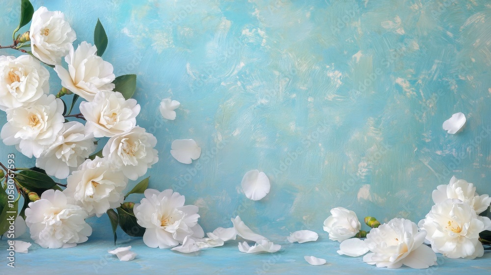Poster a stunning arrangement of white flowers is displayed on a tranquil blue background, with delicate pe