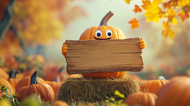A smiling pumpkin holds a wooden sign in a pumpkin patch