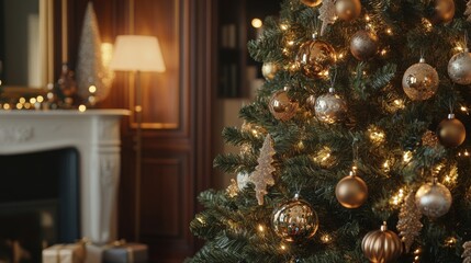 rustic cabin decorated for Christmas, featuring a lit tree, candles, and warm lighting, evoking a festive holiday atmosphere.