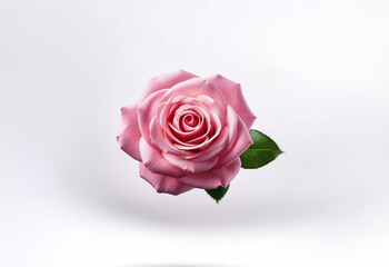 Naklejka premium A single pink rose with green leaves is floating against a white background.
