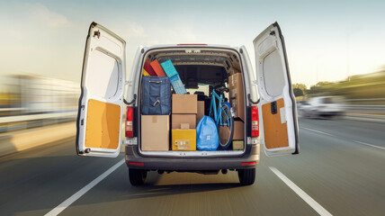 A white van is on the road with its doors open, and it is filled with luggage and boxes
