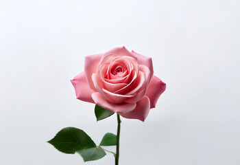 Fototapeta premium A single pink rose with green leaves against a white background.