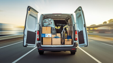 A white van is driving down the road with its doors open, revealing a large amount of boxes and a bicycle