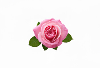 Fototapeta premium A single pink rose with green leaves is isolated on a white background.