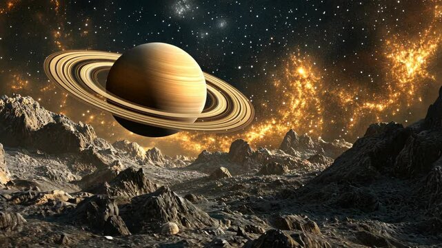 Saturn hangs over a rocky, alien landscape, surrounded by a glittering nebula