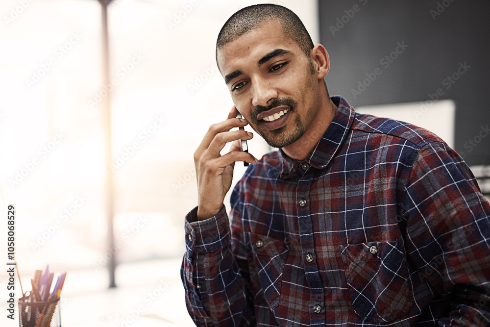 Aufkleber business, man and happy at office on phone call for communication and networking as graphic designer