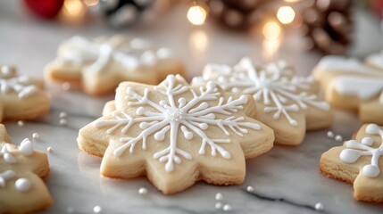 Delicate iced sugar cookies shaped like snowflakes are arranged on a marble surface, adorned with white frosting and festive decorations.