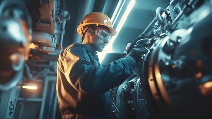 engine technician working on a diesel engine in a large cargo ship's engine room