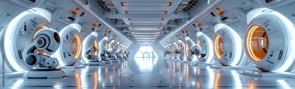 Aufkleber a futuristic corridor featuring robotic arms and illuminated circular pods, creating a sleek, high-t