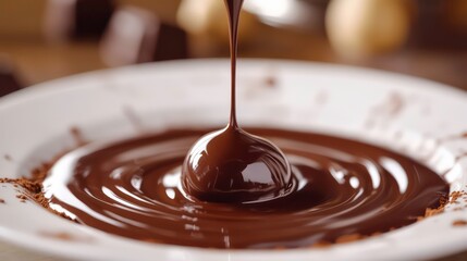 A close-up shot of a chocolate truffle being dipped in melted chocolate on a white plate, surrounded by cocoa powder.