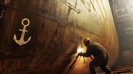 Fototapeta premium a welder technician working on the hull of a cargo ship with an anchor drawing on the wall