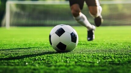 Fototapeta premium A soccer ball sits on a green field with a player running in the background.