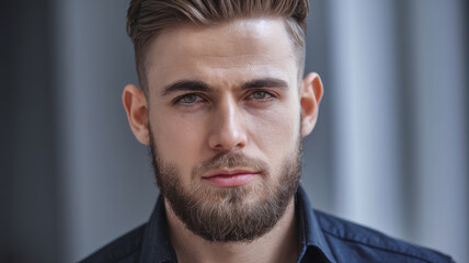 Fototapeta premium A man with a beard and a shaved head is wearing a blue shirt. He has a serious expression on his face