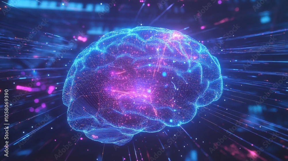 Poster A digital representation of a brain is depicted in a dark blue background with a swirling cloud of digital particles.
