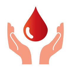 Obraz premium Two hands donate blood. World blood donor day concept. Red drop symbol of volunteer blood donation. Vector illustration isolated on white background. Blood for charity.
