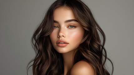 Naklejka premium Beautiful Woman with Long Brown Hair and Makeup