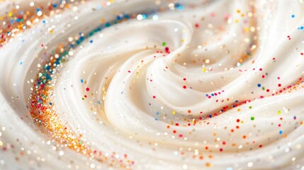 Whipped cream swirl with colorful sprinkles sweet dessert background