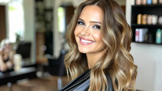 A woman with long, wavy hair smiles while sitting in a hair salon