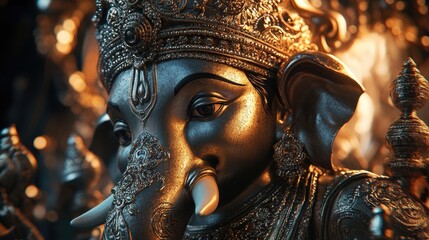 Obraz premium Close-up of a detailed Ganesha statue, the Hindu god of wisdom, with a golden hue.