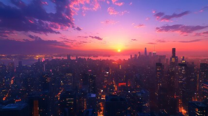 Obraz premium A breathtaking aerial view of a city skyline at sunset, with vibrant pink and purple hues in the sky.