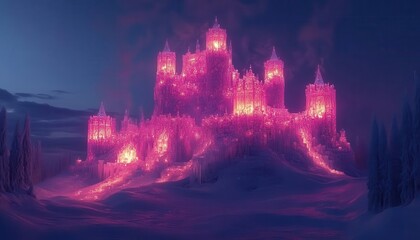 Naklejka premium Visiting an ice castle with glowing AR historical and architectural data, dynamic outdoor winter setting, soft ambient lighting, photorealistic