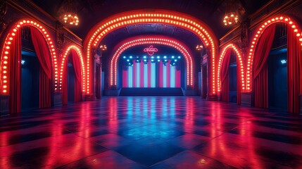 Obraz premium Illuminated circus stage showcasing vintage arches and vibrant red curtains display image