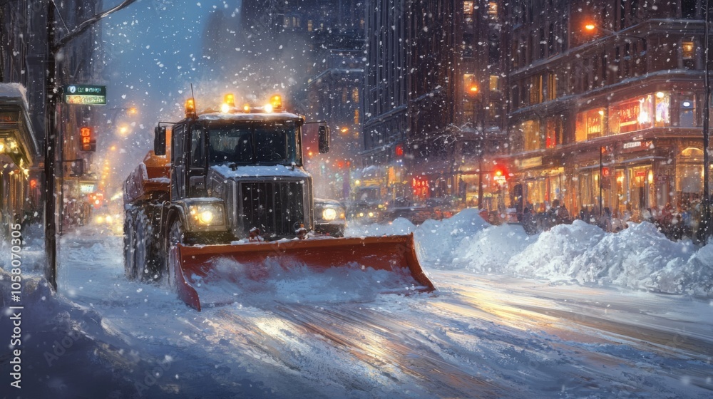 Poster a snowplow drives down a snow-covered street lined with buildings. the plow has its headlights on an