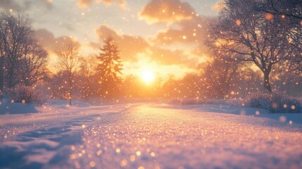 Naklejka premium Watching a winter sunset with glowing AR environmental data, serene snowy landscape, soft ambient lighting, photorealistic