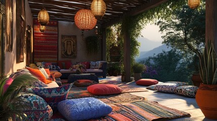A cozy outdoor lounge area with colorful cushions and throw pillows, perfect for relaxing and enjoying the view.
