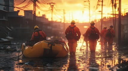 A group of emergency responders walk through floodwaters after a natural disaster.  The sun sets behind them, casting a warm glow over the scene.
