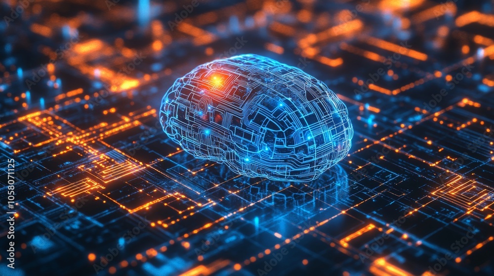 Poster The artwork depicts a stylized brain composed of intricate circuitry, surrounded by glowing data streams and circuits.