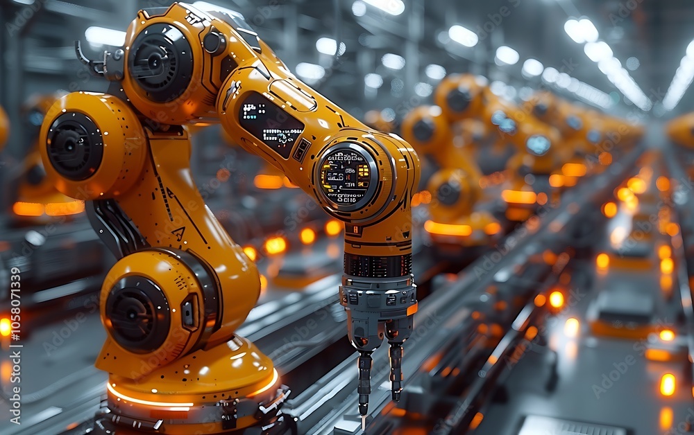Poster a robotic arm in an industrial setting, showcasing automation and precision in a modern manufacturin