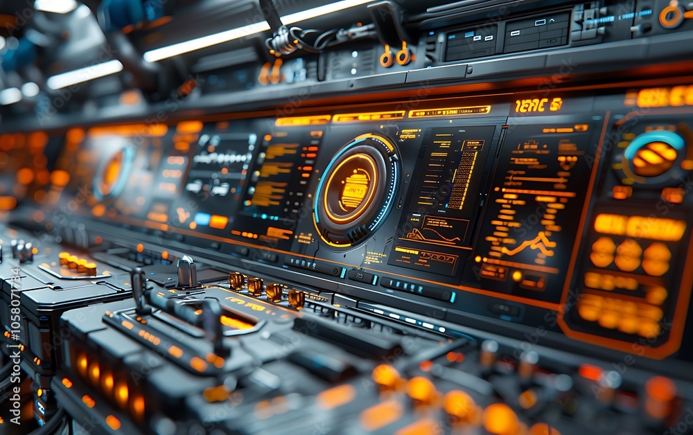 Poster a futuristic control panel with vibrant orange lights and various digital displays, showcasing advan